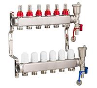 Collecteur plancher chauffant en inox 6 circuits avec débitmètres, Entraxe 50 mm, Alimentations femelle 1" (26x34), Sorties mâle 3/4 (20x27) Eurocône, Acier inoxydable, NOYON & THIEBAULT
