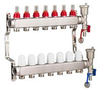 Collecteur plancher chauffant en inox 7 circuits avec débitmètres, Entraxe 50 mm, Alimentations femelle 1" (26x34), Sorties mâle 3/4 (20x27) Eurocône, Acier inoxydable, NOYON & THIEBAULT