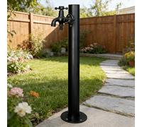 Colonne d'arrosage extérieure robuste avec double sortie et pistolet de pulvérisation, support de robinet autoportant résistant au gel, en acier inoxydable noir, pour l'arrosage du jardin et le lavag