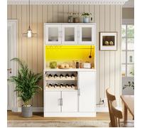 Colonne de cuisine blanche 100 x 39,8 x 180 cm avec LED RGB, 2 prises, 1 USB, portes vitrées et range-bouteilles