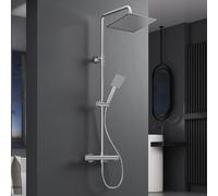 Colonne de Douche avec Mitigeur Thermostatique, Kit Douche Pluie Acier Inoxydable 304, Ciel 25x25 cm, Barre Réglable 88-125 cm, Adaptable aux Perçages, Douchette avec Flexible Anti-fuite, Chromé