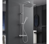 Colonne de Douche avec Mitigeur Thermostatique, Kit Douche Pluie Acier Inoxydable 304, Ciel 30x30 cm, Barre Réglable 88-125 cm, Adaptable aux Perçages, Douchette avec Flexible Anti-fuite, Chromé