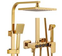 Colonne de Douche Dorée avec Mitigeur, Ensemble de Douche avec 22cm Tête de Douche, Douchette, Robinet de Baignoire, Douchette WC, 4 Fonctions Système de Douche Mural, Réglable Hauteur