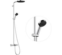 Colonne de douche hansgrohe Pulsify S Puro, modèle 260, avec une douchette principale 1 jet EcoSmart, un thermostat de baignoire Ecostat Fine et une douchette de main 3 jets, finition chrome