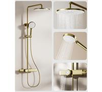 Colonne de Douche Or Brossé, Laiton Ensemble de Colonne Thermostatique | 3-en-1 Système de Douche Murale avec Mitigeur, 26cm Pommeau de Douche Effet Pluie Anti-fuite, Douchette, Robinet de Baignoire