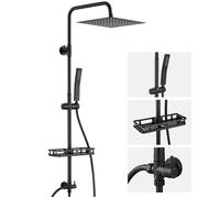 Colonne de Douche sans mitigeur AURALUM MAX - Inox Noir - Étagère de rangement - Pomme haute 25x25cm - Haute Réglable 72-110cm