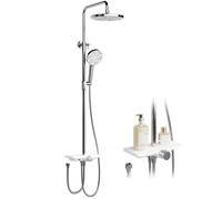 Colonne de Douche Sans Mitigeur Chromé & Blanc - Hauteur Réglable, Tête Pluie 25cm, Douchette 3 Jets + Cascade, Étagère Inox
