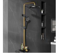 Colonne de Douche Sans Robinetterie - HOERFURIY - 3 Jets - Douchette & Pluie Ø25cm - 98-130cm - Étagère Intégrée - Noir et Doré