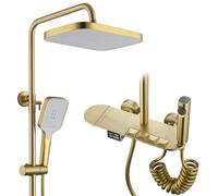 Colonne de Douche Thermostatique Dorée Brossé, 4 Touches du Piano Systèmes de Douche avec Affichage Numérique LED, 30x20cm Ensemble de Douche, avec Robinet de Bain, 59A Laiton, Réglable Hauteur