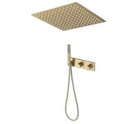 Colonne de Douche Thermostatique Dorée, Moderne 16inch / 400mm Pluie Ensemble de Douche Encastré, Système de Douche Encastré Pose au Plafond, Douchette, 59A Laiton (Or Brossé)