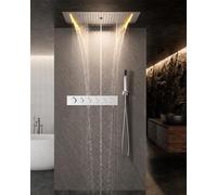 Colonne de Douche Thermostatique Encastré, 5 Fonction Système de Douche Encastrable avec LED, Ensemble de Douche au Plafond avec Mitigeur, 700 x 380mm Tête de Douche et Douchette à Main, Chromé