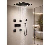 Colonne de Douche Thermostatique Encastré, Ensemble de Douche avec LED, 360x500mm Tête de Douche, 3 Modes Douchette à Main et 4PCS 100mm Jets de Massage, Système de Douche en Laiton au Plafond, Noir