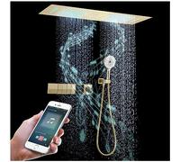 Colonne De Douche Thermostatique Musique, 300x900mm LED 64 Couleurs 4 Fonctions SystèMe De Douche EncastréE, Acier Inoxydable 304, Pluie, Cascade, Colonne D'Eau, Douchette 3 Fonctions（Or Brossé）