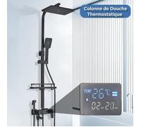 Colonne de Douche Thermostatique Noir avec Mitigeur 38°C,Ensemble de Douche avec 4 Fonctions Hauteur RéGlable,Système de Douche à
