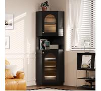 Colonne de salle de bain 45x45x166,5 cm noire avec éclairage LED, meuble d'angle avec étagères réglables et rangement