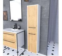 AURLANE Colonne de Salle de Bain Blanche -2 Portes chêne Naturel et poignées Noir Mat - STRUCTURA F028