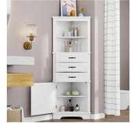 Colonne de salle de bain d’angle 57,7 x 46 x 167,5 cm en MDF blanc avec 3 tiroirs, 1 porte et 2 niches ouvertes