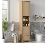 Colonne de salle de bain meuble de rangement 40x30x172 cm MDF aspect bois naturel 3 tiroirs 1 porte ORVRYN