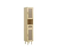 Colonne de salle de bain style bohème H. 170 cm - 2 portes, étagères, tiroir, niche - effet rotin bois clair