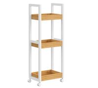 Colonne de Salle de Bain sur Roulettes Bambou Gain de Place 20x30x80 cm Blanc et Couleur Boisée - SONGMICS