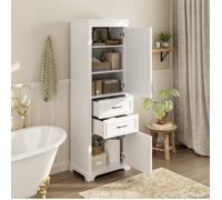 colonne salle de bain armoire haute MDF blanche 2 tiroirs 2 portes et étagères réglables finition laquée Grjofek