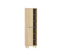 Colonne salle de bain design H.148 cm - 2 portes, 4 étagères, 6 niches - gris effet bois clair naturel