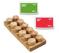 COLOP Woodies set de tampons en bois "animaux de ferme" avec 12 motifs, tampon de motivation en bois de hêtre, taille de l'empreinte: Ø 29 mm, 2 tampons encreurs inclus, red et green, 50 x 90 mm