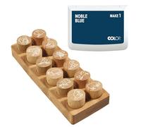 COLOP Woodies set de tampons en bois "animaux de ferme" avec 12 motifs, tampon de motivation en bois de hêtre, taille de l'empreinte: Ø 29 mm, y compris 1 tampon encreur, noble blue, 50 x 90 mm
