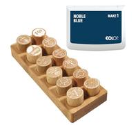 COLOP Woodies set de tampons en bois "Motivation" avec 12 motifs, tampon de motivation en bois de hêtre, taille de l'empreinte: Ø 29 mm, y compris 1 coussin encreur, noble blue, 50 x 90 mm