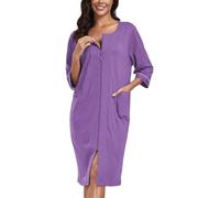 COLORFULLEAF Peignoir pour femme avec fermeture éclair, peignoir léger, peignoir 100 % coton, chemise de nuit à manches 3/4 et poches (violet, 2XL)