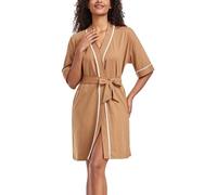 COLORFULLEAF Peignoir pour femme, léger, 100 % coton, peignoir d'été court, style kimono, pour le sauna, manches 3/4, peignoir de nuit avec 2 poches (marron, taille S)