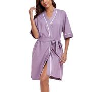 COLORFULLEAF Peignoir pour femme, léger, 100 % coton, peignoir d'été court, style kimono, pour sauna, manches 3/4, peignoir de nuit avec 2 poches (violet taro, XL)