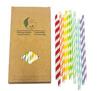 Coloris Rayée Pailles en Papier, [Pack de 100] 7 Couleurs Fête Pailles pour Mariage, Bricolage, 100% Biodégradables, Compostables, Sans Plastique