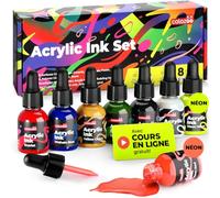colozoo Encre acrylique set, 8x20ml permanente eau 6 primaires 2 néon | Encres acryliques fluides 8x20 ml, 6 primaires et 2 néon, pour aérographe, pouring et calligraphie, imperméables
