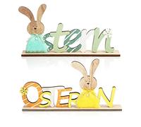 COM-FOUR® 2X Présentoirs décoratifs pour Pâques - Lettrage avec Lapins de Pâques - Décorations de Pâques à Poser - Décorations de Pâques en Bois