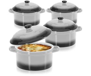 COM-FOUR® 4x cocotte avec couvercle en céramique - bol à dessert pour crème brûlée - mini cocotte pour aileron de ragoût et viande assaisonnée - gris, env. 250/175 ml par plat