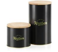 com-four® Lot de 2 pots de rangement avec couvercle en bambou - Boîte de rangement en métal pour aliments - Organisateur pour la cuisine - Récipient en métal avec lettrage