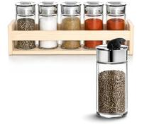 COM-FOUR® set de 6 pots à épices, bocaux avec couvercles dans un support en bois, salière et poivrière pour cuisine et rangement au design moderne