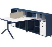 Combinaison de bureau moderne en bleu et blanc avec cloison et espace de rangement