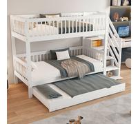 Combinaison de lits de sécurité, Lit superposé blanc avec lit à roulettes, armoire à échelle & protection contre les chutes, pin+MDF, 90x200/190cm