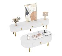 Combinaison meuble TV et table basse - Blanc - MDF - Tiroirs spacieux - Poignées dorées - Pieds dorés - Coins arrondis