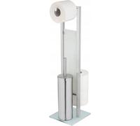 Combiné Wc Rivalta Serviteur 3 En 1 Wenko Brosse Wc Fermée, Dérouleur Stockage Papier Toilette, Acier Inox, Argent Mat Et Verre Trempé, 18x70x23 Cm