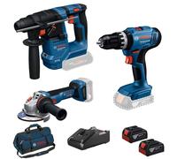 COMBO KIT 3 OUTILS : Perceuse Visseuse à percussions sans fil GSB 18V-25 + Marteau perforateur sans fil GBH 18V-18 + Meuleuse angulaire sans fil GWS 18V-8 + batteries GBA 2 x4,0Ah + chargeur GAL 18V-4