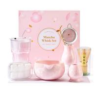 ComboJoy Ensemble de fouet à matcha - Bol à glaçage cristallin, fouet et support en bambou, cuillère et tamis avec support, tasse avec couvercle et paille, plateau à glaçons et torchon - Coffret