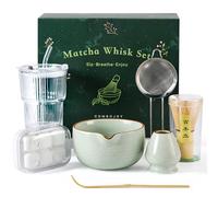 ComboJoy Ensemble de fouet à matcha en céramique comprenant un bol à matcha, un fouet à matcha et un support, une cuillère en bambou, un repose-cuillère, une tasse à matcha, un tamis et un torchon