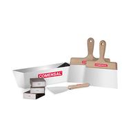 COMENSAL® Ensemble de 7 pcs - Couteau à Enduit 200/240- Bac à Enduit Inox - Spatule Enduit 150 - Éponge de Ponçage 3 pcs - Anticorrosion - Made in EU