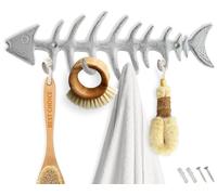 Comfify Porte-serviettes mural décoratif en os de poisson de Porte- manteau élégant en fonte avec 4 crochets «poisson» - Comprend des vis et des chevilles - Rustique Blanc