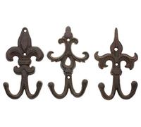 Comfify Set of 3 - Crochets/cintres à double paroi en fonte Fleur De Lis - Crochet décoratif mural - Fonte rustique - Avec vis et chevilles - Rustique Marron