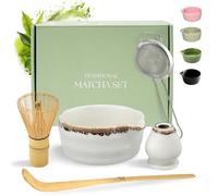 comforder Kit Matcha Complet Blanc Bord Marron Bol Céramique & Fouet Bambou | Kit matcha avec bol en céramique, fouet, support, cuillère, tamis. Idéal pour thé matcha, matcha latte.