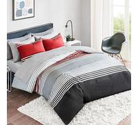Comfort Spaces Bed in a Bag Parure de lit 9 pièces pour Adolescent avec draps - Parure de lit Double à Rayures Rouges et Grises avec 2 Poches latérales, Organiseur de Chambre à Coucher